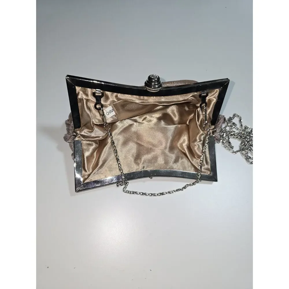 Pink Blush Woven Satin Rhinestone Evening Clutch Purse with 2 Chain Straps